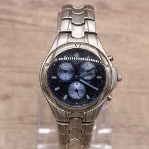 Mondu Chronograph Watch Mens Silver Tone Stainless Steel Classic Blue Dial